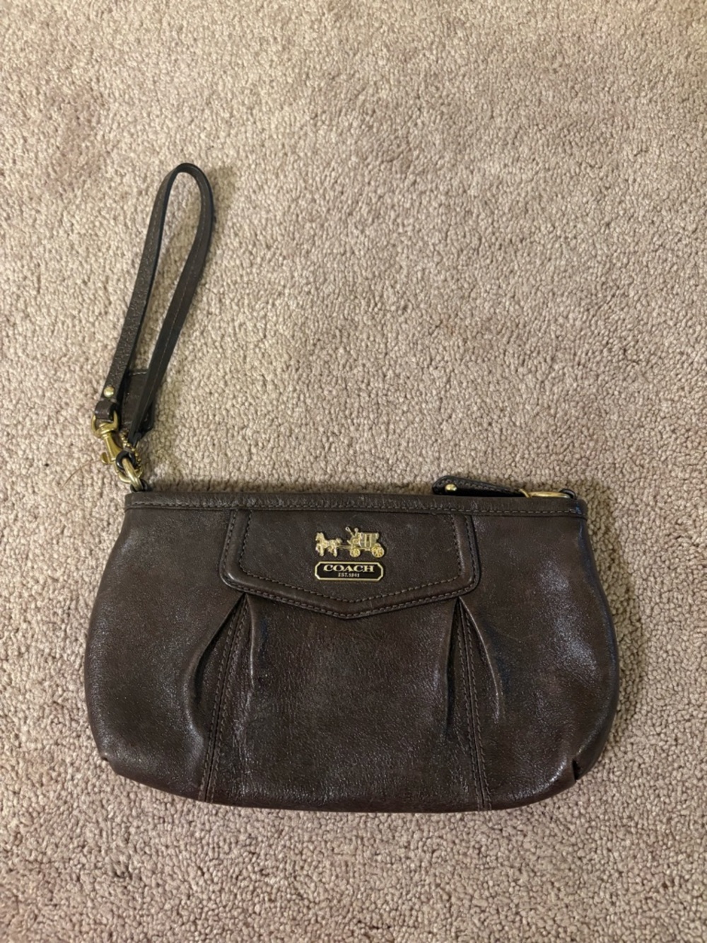 Coach Dark Brown Leather Wristlet with Gold Hardware